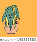 Sad tired wilting potted houseplant cartoon character illustration on orange background 143818583