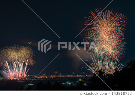 大井川大煙火大會的動態夜景（寬高比 3:2，色彩絢麗的大型煙火，留白，素材） 143818733