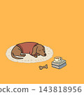 Cute happy smiling slice of toast bread cartoon character illustration on orange background 143818956