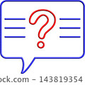 Question mark in speech bubble, blue outline chat bubble with red question mark, FAQ help icon 143819354