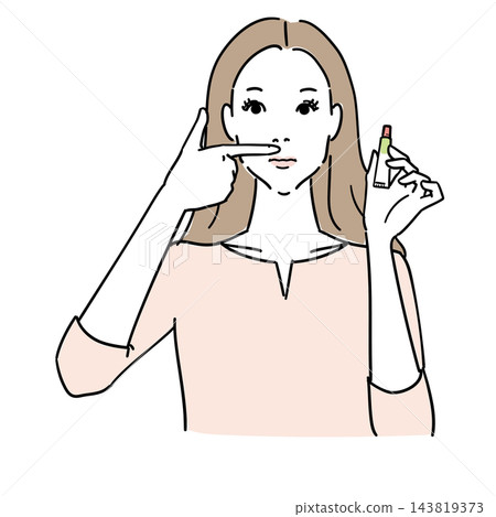 一位女士正在塗抹治療過敏性鼻炎的外用藥物。 143819373