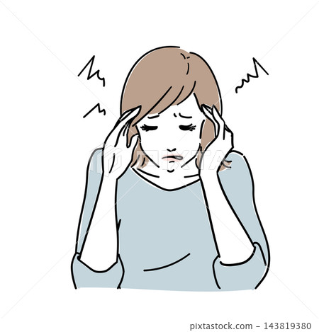 一名頭痛欲裂的女子摀著太陽穴。 一名頭痛欲裂的女子摀著太陽穴。 143819380