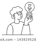 Business Man with Idea Light Bulb. Cute Linear Doodle Featuring Male Character Holding Creative Concept Symbol for Startup and Brainstorming. Vector Illustration. Line hand drawing, coloring page 143819528