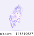 Glass rocket 3D icon with holographic gradient render. Business startup, project launch, financial success, market growth and venture capital investment, spaceship on light background. 3D illustration 143819627