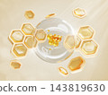 Clear liquid serum drop with oil bubbles and honeycomb cells 3d background. Honey hair care mask, cosmetic bee cream, organic skincare, propolis ointment, natural medicine treatment. 3D illustration Clear liquid serum drop with oil bubbles and honeycomb cells 3d background. Honey hair care mask, cosmetic bee cream, organic skincare, propolis ointment, natural medicine treatment. 3D illustration 143819630