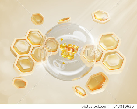 Clear liquid serum drop with oil bubbles and honeycomb cells 3d background. Honey hair care mask, cosmetic bee cream, organic skincare, propolis ointment, natural medicine treatment. 3D illustration Clear liquid serum drop with oil bubbles and honeycomb cells 3d background. Honey hair care mask, cosmetic bee cream, organic skincare, propolis ointment, natural medicine treatment. 3D illustration 143819630