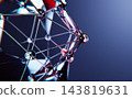 Futuristic abstract 3D background with glass dot sphere with triangular faces on blue. Glowing red polygonal wireframe ball, geometric grid with chrome metal lines and crystal points. 3D illustration 143819631