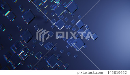 Modern abstract 3D geometry background with floating transparent blue glass cube shapes, square geometric pattern on dark gradient bg for futuristic technology and AI data concept. 3D illustration Modern abstract 3D geometry background with floating transparent blue glass cube shapes, square geometric pattern on dark gradient bg for futuristic technology and AI data concept. 3D illustration 143819632