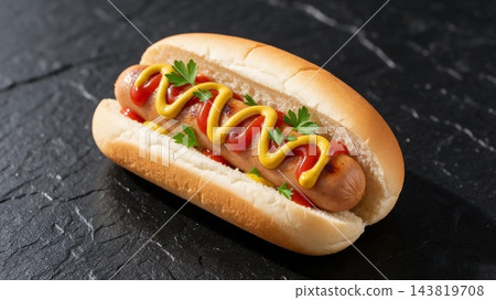 Delicious hotdog with mustard and ketchup on background Delicious hotdog with mustard and ketchup on background 143819708