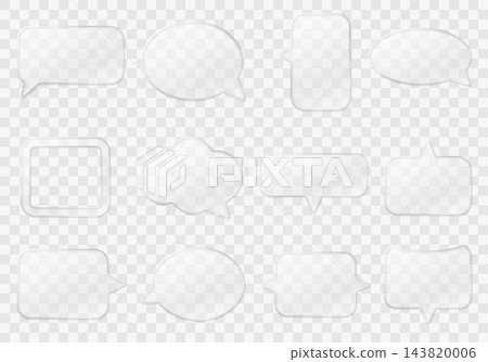 Vector set of transparent glassmorphism speech bubbles in varied rounded shapes with visible transparency for chat, messaging, communication and UI design. Vector set of transparent glassmorphism speech bubbles in varied rounded shapes with visible transparency for chat, messaging, communication and UI design. 143820006