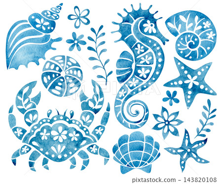 set of blue watercolor nautical ornaments. whimsical illustration set of blue watercolor nautical ornaments. whimsical illustration 143820108