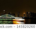 夜幕降臨，觀光船沿著隅田川緩緩駛過，映襯著城市夜景。 143820260