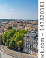 Aerial view of the historic city center of Bordeaux in France featuring old stone architecture and green trees under a clear blue summer sky 143820381