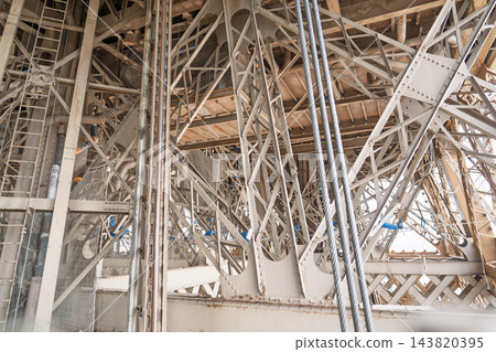 Intricate metal framework of the Eiffel Tower in Paris, France, showing industrial steel beams, rivets, and structural supports in a close-up view Intricate metal framework of the Eiffel Tower in Paris, France, showing industrial steel beams, rivets, and structural supports in a close-up view 143820395