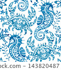 whimsical pattern with blue sea ornaments. watercolor illustration 143820487