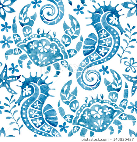 whimsical pattern with blue sea ornaments. watercolor illustration 143820487