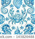 ornate pattern with sea ornaments. blue watercolor illustration 143820488