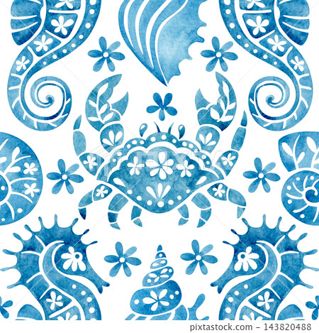 ornate pattern with sea ornaments. blue watercolor illustration ornate pattern with sea ornaments. blue watercolor illustration 143820488