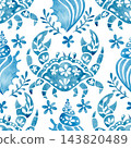 folk pattern with sea ornaments. blue watercolor illustration 143820489
