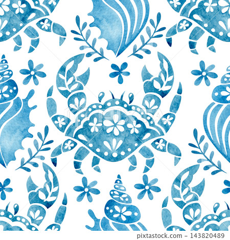 folk pattern with sea ornaments. blue watercolor illustration folk pattern with sea ornaments. blue watercolor illustration 143820489
