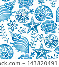 whimsical pattern with nautical ornaments. blue watercolor illustration 143820491