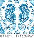 ornate pattern with nautical ornaments. blue watercolor illustration 143820492