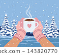 Hands holding a hot mug against a backdrop of snowy pine trees. Winter poster. Illustration for winter greeting cards, banners. 143820770
