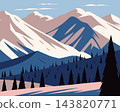 Snowy mountain landscape with hills, pine trees and snow capped peaks. Illustration. 143820771