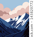Snowy mountain landscape with pine trees and snow capped peaks. Illustration. 143820772