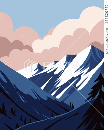 Snowy mountain landscape with pine trees and snow capped peaks. Illustration. Snowy mountain landscape with pine trees and snow capped peaks. Illustration. 143820772