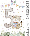 Watercolor Number 5 and cute leopard with blue gift box, flag garland and tropic leaves. Monthly five milestone card and Cat illustration isolated on transparent background for birthday design. 143821035