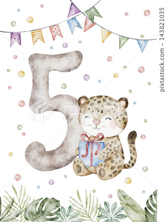Watercolor Number 5 and cute leopard with blue gift box, flag garland and tropic leaves. Monthly five milestone card and Cat illustration isolated on transparent background for birthday design. Watercolor Number 5 and cute leopard with blue gift box, flag garland and tropic leaves. Monthly five milestone card and Cat illustration isolated on transparent background for birthday design. 143821035