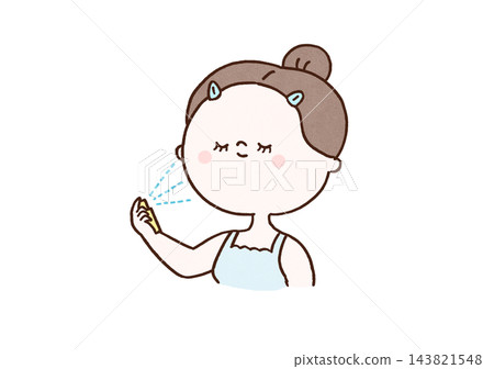 一位女士用髮夾別住瀏海,並在臉上噴灑定妝噴霧(化妝過程)。 一位女士用髮夾別住瀏海,並在臉上噴灑定妝噴霧(化妝過程)。 143821548
