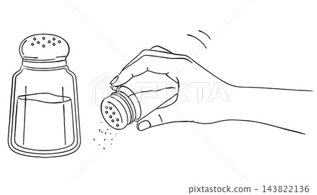 A set of simple, hand-drawn line art illustrations of a spice jar and a hand shaking salt (salt shaker, cooking, food, ingredients). A set of simple, hand-drawn line art illustrations of a spice jar and a hand shaking salt (salt shaker, cooking, food, ingredients). 143822136