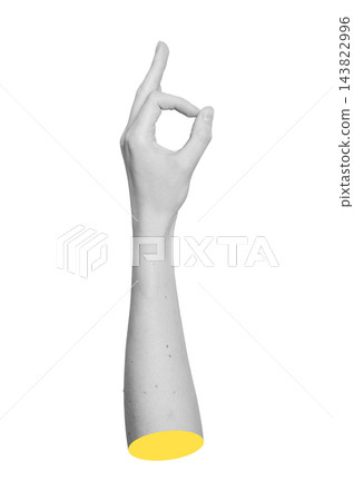 Grayscale arm showing OK sign gesture with index finger and thumb joining in circle. Monochrome hand 143822996
