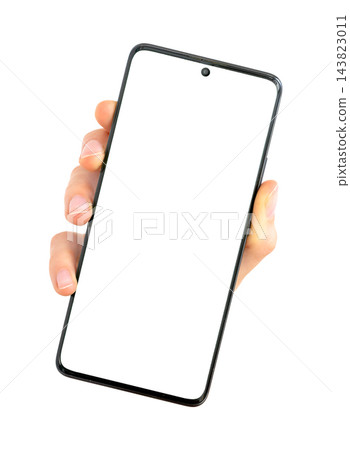 Holding phone, hand with smartphone mockup. Blank screen mobile device at angle, touch display template. Black cellphone with empty app interface, modern technology Holding phone, hand with smartphone mockup. Blank screen mobile device at angle, touch display template. Black cellphone with empty app interface, modern technology 143823011