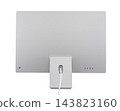Rear view of desktop computer monitor, all in one pc with stand and power cable. Silver display device, slim metal isolated on white background. Blank screen mockup, modern workstation 143823160