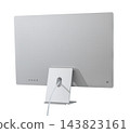 All in one monitor, back view of silver desktop computer on metal stand. Rear display with cable, power button, aluminum device isolated on white background. Png transparent mockup, blank 143823161