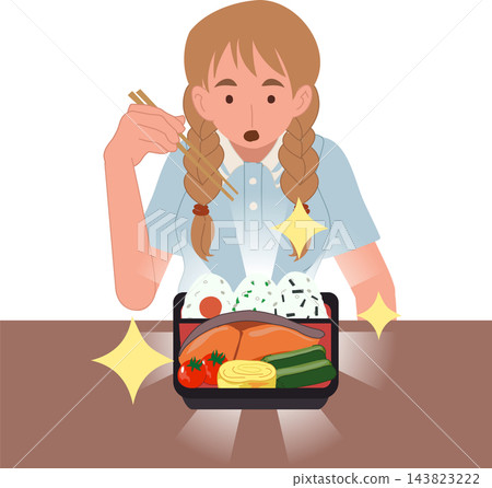 Cute Woman Eating Japanese Bento Lunch with Onigiri Salmon and Vegetables in Kawaii Cartoon Illustration Cute Woman Eating Japanese Bento Lunch with Onigiri Salmon and Vegetables in Kawaii Cartoon Illustration 143823222