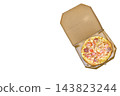 Delivering.Cardboard box with tasty pizza on white. 143823244
