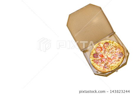 Delivering.Cardboard box with tasty pizza on white. Delivering.Cardboard box with tasty pizza on white. 143823244