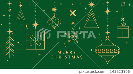 Merry Christmas card, gold hanging ornament, ball background 143823596