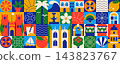 Valencia Spain geometric mosaic banner with castle gate, gothic cathedral, orange, paella, palm and sea. Mediterranean travel pattern for cover, header or tourism background. 143823767