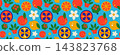 Spanish seamless pattern with Valencia oranges, lemons, white blossom, paella and potted plants. Bright Mediterranean citrus background for textile, wrapping paper or packaging. 143823768