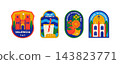 Valencia Spain travel stickers set with castle gate, horchata drink, oranges and gothic building. Geometric Mediterranean badges and labels for souvenir, tourism or print design. 143823771