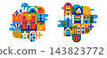 Valencia Spain geometric collage compositions with castle gate, bell tower, paella, horchata, palm and sailboat. Mediterranean travel mosaic elements for poster or social media. 143823772