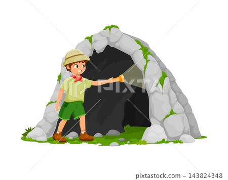 Cartoon boy scout explorer character near cave Cartoon boy scout explorer character near cave 143824348