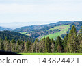 Captivating landscape showcasing rolling green hills and dense forests under a bright sky in the serene countryside of central Europe during early spring 143824421