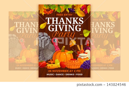 Thanksgiving Day party flyer template with leaves Thanksgiving Day party flyer template with leaves 143824546