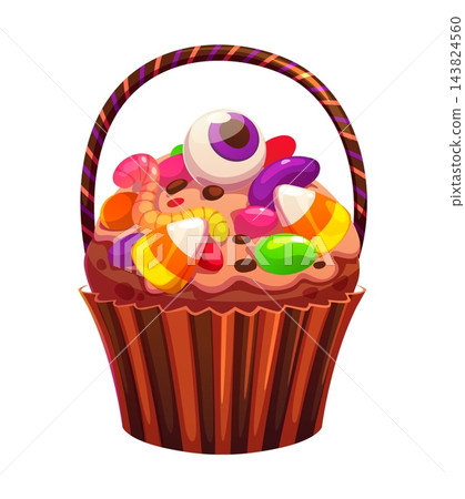 Cartoon Halloween cupcake dessert with candies 143824560